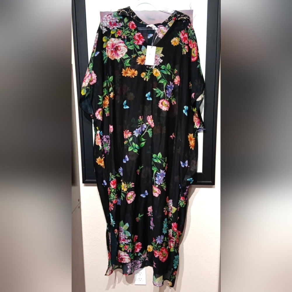 JOHNNY WAS SHEER Women's Black Floral Maxi CAFTAN SWIM COVER UP